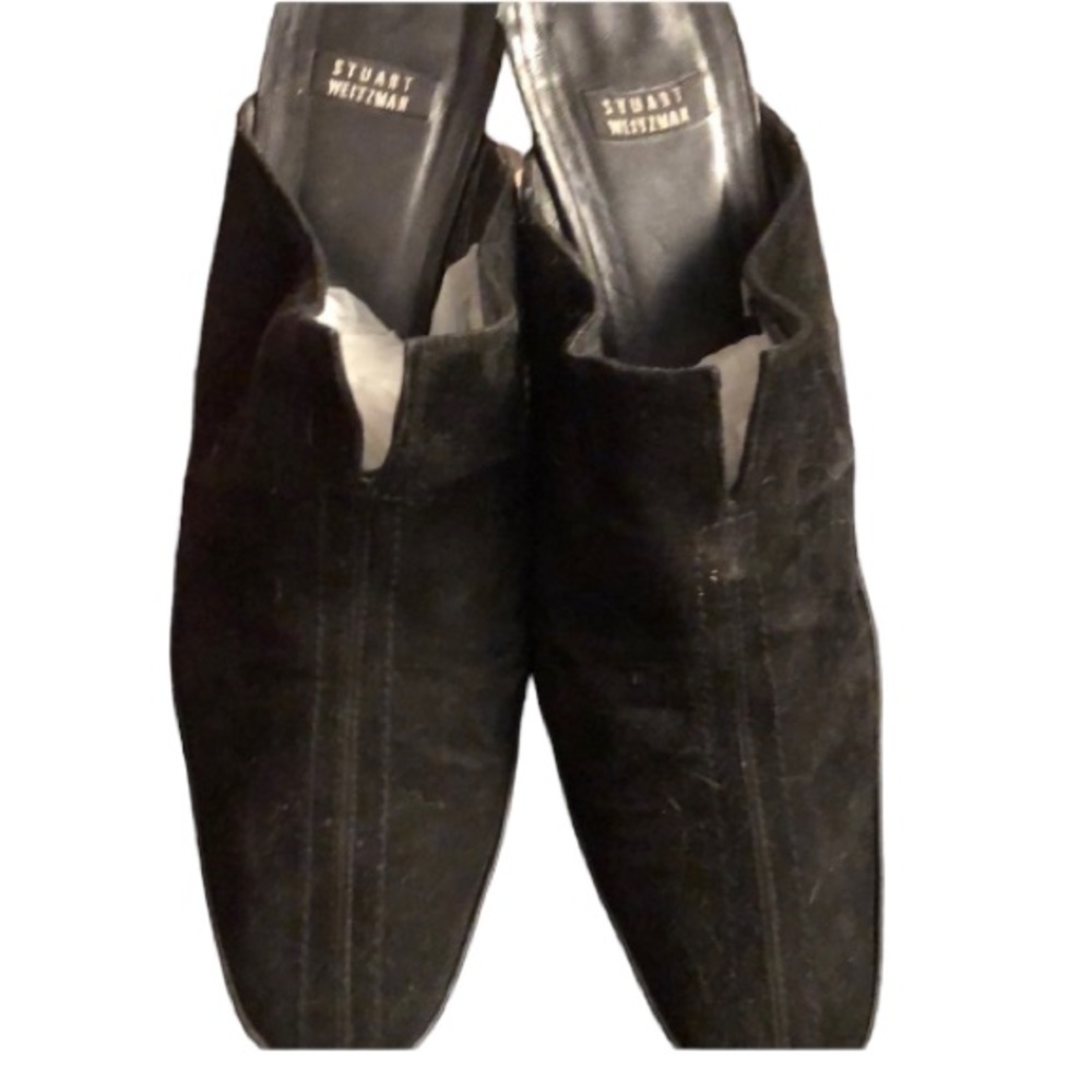 Stuart Weitzman size 10 black suede & leather platform mules